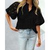 imagePRETTYGARDEN Womens Summer Tops 2025 Dressy Casual Short Sleeve V Neck Buttons Hollow Out Lace Embroidered Blouses ShirtsBlack