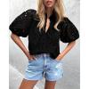 imagePRETTYGARDEN Womens Summer Tops 2025 Dressy Casual Short Sleeve V Neck Buttons Hollow Out Lace Embroidered Blouses ShirtsBlack