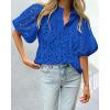 imagePRETTYGARDEN Womens Summer Tops 2025 Dressy Casual Short Sleeve V Neck Buttons Hollow Out Lace Embroidered Blouses ShirtsBlue