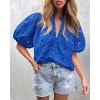 imagePRETTYGARDEN Womens Summer Tops 2025 Dressy Casual Short Sleeve V Neck Buttons Hollow Out Lace Embroidered Blouses ShirtsBlue