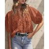 imagePRETTYGARDEN Womens Summer Tops 2025 Dressy Casual Short Sleeve V Neck Buttons Hollow Out Lace Embroidered Blouses ShirtsBrick Red