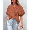 imagePRETTYGARDEN Womens Summer Tops 2025 Dressy Casual Short Sleeve V Neck Buttons Hollow Out Lace Embroidered Blouses ShirtsBrick Red