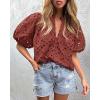 imagePRETTYGARDEN Womens Summer Tops 2025 Dressy Casual Short Sleeve V Neck Buttons Hollow Out Lace Embroidered Blouses ShirtsBrown Red