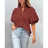 imagePRETTYGARDEN Womens Summer Tops 2025 Dressy Casual Short Sleeve V Neck Buttons Hollow Out Lace Embroidered Blouses ShirtsBrown Red