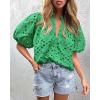 imagePRETTYGARDEN Womens Summer Tops 2025 Dressy Casual Short Sleeve V Neck Buttons Hollow Out Lace Embroidered Blouses ShirtsGreen