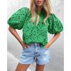imagePRETTYGARDEN Womens Summer Tops 2025 Dressy Casual Short Sleeve V Neck Buttons Hollow Out Lace Embroidered Blouses ShirtsGreen