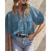 imagePRETTYGARDEN Womens Summer Tops 2025 Dressy Casual Short Sleeve V Neck Buttons Hollow Out Lace Embroidered Blouses ShirtsGrey Blue