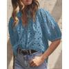 imagePRETTYGARDEN Womens Summer Tops 2025 Dressy Casual Short Sleeve V Neck Buttons Hollow Out Lace Embroidered Blouses ShirtsGrey Blue