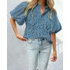 imagePRETTYGARDEN Womens Summer Tops 2025 Dressy Casual Short Sleeve V Neck Buttons Hollow Out Lace Embroidered Blouses ShirtsGrey Blue