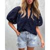 imagePRETTYGARDEN Womens Summer Tops 2025 Dressy Casual Short Sleeve V Neck Buttons Hollow Out Lace Embroidered Blouses ShirtsNavy