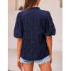imagePRETTYGARDEN Womens Summer Tops 2025 Dressy Casual Short Sleeve V Neck Buttons Hollow Out Lace Embroidered Blouses ShirtsNavy
