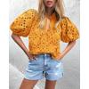 imagePRETTYGARDEN Womens Summer Tops 2025 Dressy Casual Short Sleeve V Neck Buttons Hollow Out Lace Embroidered Blouses ShirtsOrange Yellow