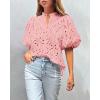 imagePRETTYGARDEN Womens Summer Tops 2025 Dressy Casual Short Sleeve V Neck Buttons Hollow Out Lace Embroidered Blouses ShirtsPink