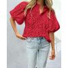 imagePRETTYGARDEN Womens Summer Tops 2025 Dressy Casual Short Sleeve V Neck Buttons Hollow Out Lace Embroidered Blouses ShirtsRed