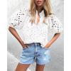 imagePRETTYGARDEN Womens Summer Tops 2025 Dressy Casual Short Sleeve V Neck Buttons Hollow Out Lace Embroidered Blouses ShirtsWhite