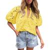 imagePRETTYGARDEN Womens Summer Tops 2025 Dressy Casual Short Sleeve V Neck Buttons Hollow Out Lace Embroidered Blouses ShirtsYellow