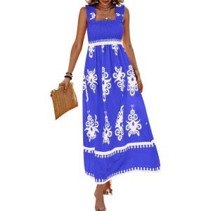 imagePRETTYGARDEN Womens Summer Boho Maxi Dress 2025 Casual Sleeveless Square Neck Floral Aline Smocked Beach Dresses with PocketsFloral Royal Blue White