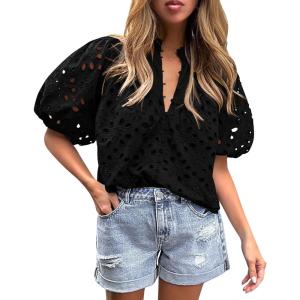 imagePRETTYGARDEN Womens Summer Tops 2025 Dressy Casual Short Sleeve V Neck Buttons Hollow Out Lace Embroidered Blouses ShirtsBlack