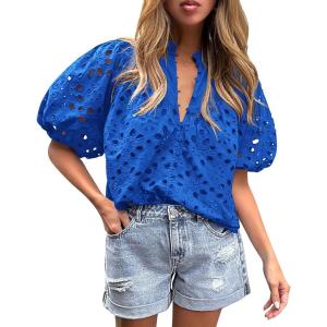 imagePRETTYGARDEN Womens Summer Tops 2025 Dressy Casual Short Sleeve V Neck Buttons Hollow Out Lace Embroidered Blouses ShirtsBlue