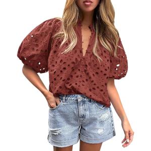 imagePRETTYGARDEN Womens Summer Tops 2025 Dressy Casual Short Sleeve V Neck Buttons Hollow Out Lace Embroidered Blouses ShirtsBrown Red