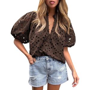 imagePRETTYGARDEN Womens Summer Tops 2025 Dressy Casual Short Sleeve V Neck Buttons Hollow Out Lace Embroidered Blouses ShirtsCoffee