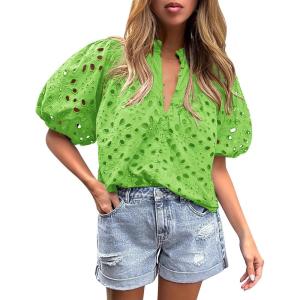 imagePRETTYGARDEN Womens Summer Tops 2025 Dressy Casual Short Sleeve V Neck Buttons Hollow Out Lace Embroidered Blouses ShirtsGrass Green