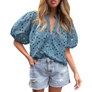 imagePRETTYGARDEN Womens Summer Tops 2025 Dressy Casual Short Sleeve V Neck Buttons Hollow Out Lace Embroidered Blouses ShirtsGrey Blue