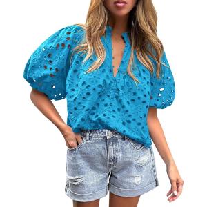 imagePRETTYGARDEN Womens Summer Tops 2025 Dressy Casual Short Sleeve V Neck Buttons Hollow Out Lace Embroidered Blouses ShirtsLake Blue