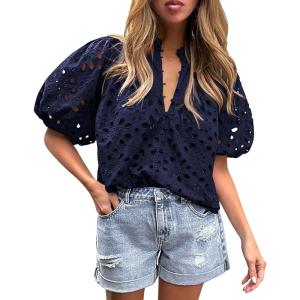 imagePRETTYGARDEN Womens Summer Tops 2025 Dressy Casual Short Sleeve V Neck Buttons Hollow Out Lace Embroidered Blouses ShirtsNavy