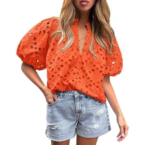 imagePRETTYGARDEN Womens Summer Tops 2025 Dressy Casual Short Sleeve V Neck Buttons Hollow Out Lace Embroidered Blouses ShirtsOrange