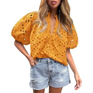 imagePRETTYGARDEN Womens Summer Tops 2025 Dressy Casual Short Sleeve V Neck Buttons Hollow Out Lace Embroidered Blouses ShirtsOrange Yellow