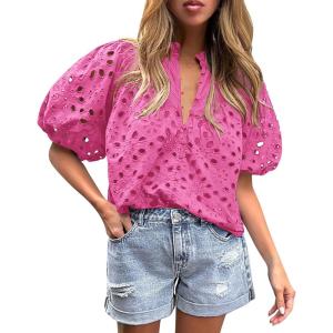 imagePRETTYGARDEN Womens Summer Tops 2025 Dressy Casual Short Sleeve V Neck Buttons Hollow Out Lace Embroidered Blouses ShirtsRose Pink