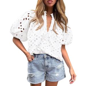 imagePRETTYGARDEN Womens Summer Tops 2025 Dressy Casual Short Sleeve V Neck Buttons Hollow Out Lace Embroidered Blouses ShirtsWhite