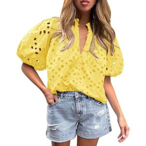 imagePRETTYGARDEN Womens Summer Tops 2025 Dressy Casual Short Sleeve V Neck Buttons Hollow Out Lace Embroidered Blouses ShirtsYellow
