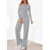 imagePRETTYGARDEN Fall Two Piece Sets For Women 2025 Off Shoulder Tops Long Pants Knit Matching Lounge Set Airport Travel OutfitsLight Grey