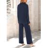 imagePRETTYGARDEN Womens 2 Piece Sets 2025 Fall Casual Textured Button Down Shirt Wide Leg Pants Outfits Loungewear TracksuitDark Blue