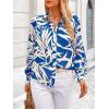 imagePRETTYGARDEN Womens Floral Blouses Dressy Casual V Neck Button Down Shirts Lantern Long Sleeve Boho Chiffon Fall Tops 2025Blue White