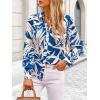 imagePRETTYGARDEN Womens Floral Blouses Dressy Casual V Neck Button Down Shirts Lantern Long Sleeve Boho Chiffon Fall Tops 2025Blue White