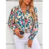 imagePRETTYGARDEN Womens Floral Blouses Dressy Casual V Neck Button Down Shirts Lantern Long Sleeve Boho Chiffon Fall Tops 2025Floral Blue Green