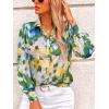 imagePRETTYGARDEN Womens Floral Blouses Dressy Casual V Neck Button Down Shirts Lantern Long Sleeve Boho Chiffon Fall Tops 2025Laurel Green