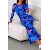 imagePRETTYGARDEN Womens Long Sleeve Bodycon Dresses 2025 Fall Sexy Floral Mesh Slit Ruched Tight Maxi Wedding Guest DressBlue Pink Flower