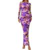 imagePRETTYGARDEN Womens Long Sleeve Bodycon Dresses 2025 Fall Sexy Floral Mesh Slit Ruched Tight Maxi Wedding Guest DressFloral Grey Purple