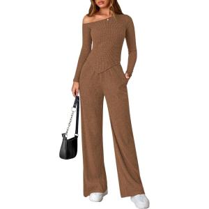imagePRETTYGARDEN Fall Two Piece Sets For Women 2025 Off Shoulder Tops Long Pants Knit Matching Lounge Set Airport Travel OutfitsBrown