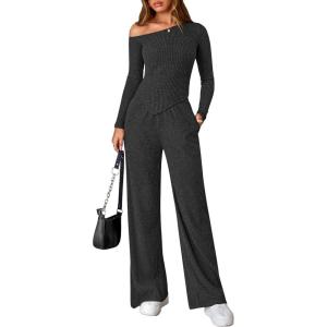 imagePRETTYGARDEN Fall Two Piece Sets For Women 2025 Off Shoulder Tops Long Pants Knit Matching Lounge Set Airport Travel OutfitsDark Grey