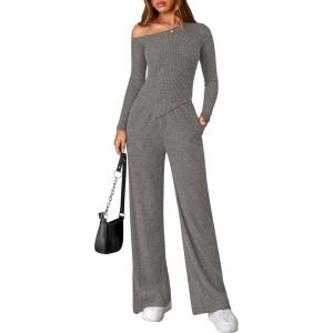 imagePRETTYGARDEN Fall Two Piece Sets For Women 2025 Off Shoulder Tops Long Pants Knit Matching Lounge Set Airport Travel OutfitsGrey