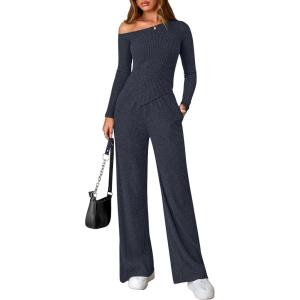 imagePRETTYGARDEN Fall Two Piece Sets For Women 2025 Off Shoulder Tops Long Pants Knit Matching Lounge Set Airport Travel OutfitsNavy