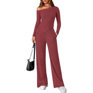 imagePRETTYGARDEN Fall Two Piece Sets For Women 2025 Off Shoulder Tops Long Pants Knit Matching Lounge Set Airport Travel OutfitsWine Red