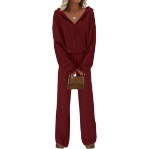 imagePRETTYGARDEN Womens 2 Piece Fall Lounge Sets 2025 Zip Up Hoodie Wide Leg Pants Tracksuit Matching Travel Outfits Clothes BurgundyXSmall