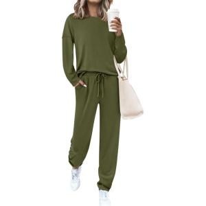 imagePRETTYGARDEN Womens 2 Piece Matching Lounge Sets 2025 Fall Long Sleeve Boatneck Sweatsuit Drawstring Sweatpants Pockets Army GreenMedium
