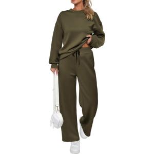 imagePRETTYGARDEN Womens 2 Piece Outfits 2025 Fall Long Sleeve Sweatshirt Wide Leg Pants Lounge Sets Winter Sweatsuits TracksuitArmy Green